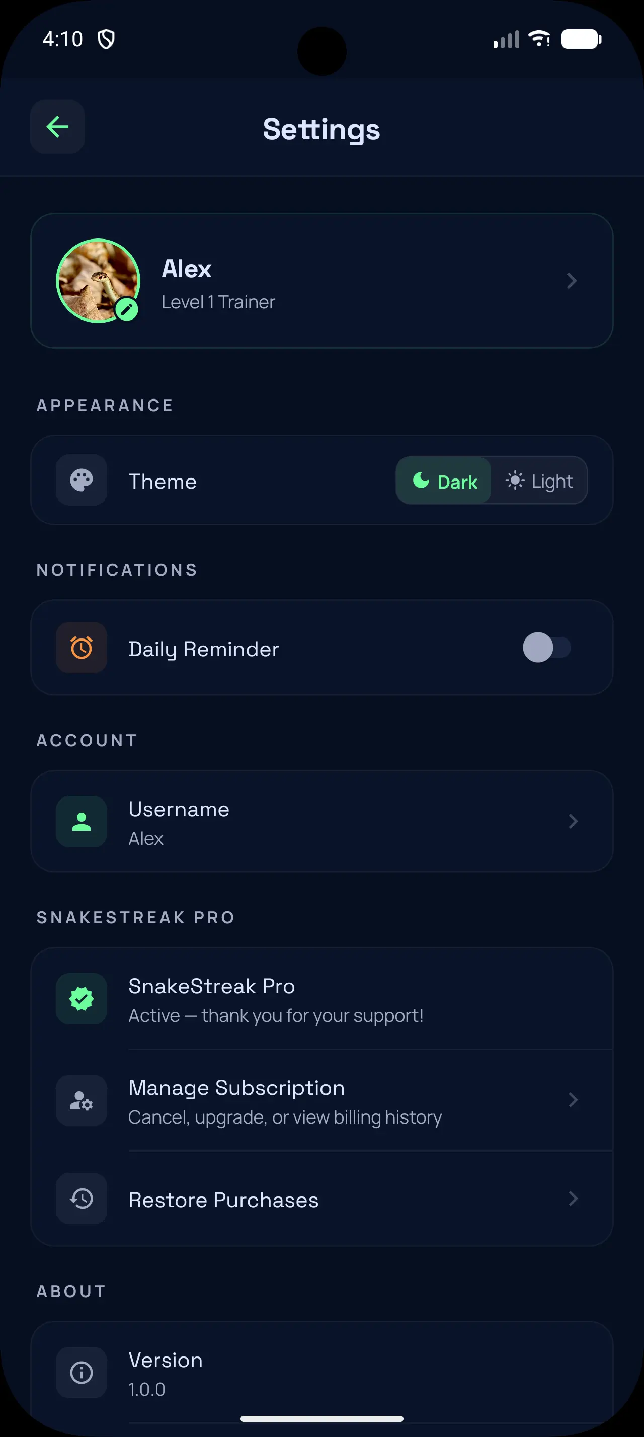 Settings screen